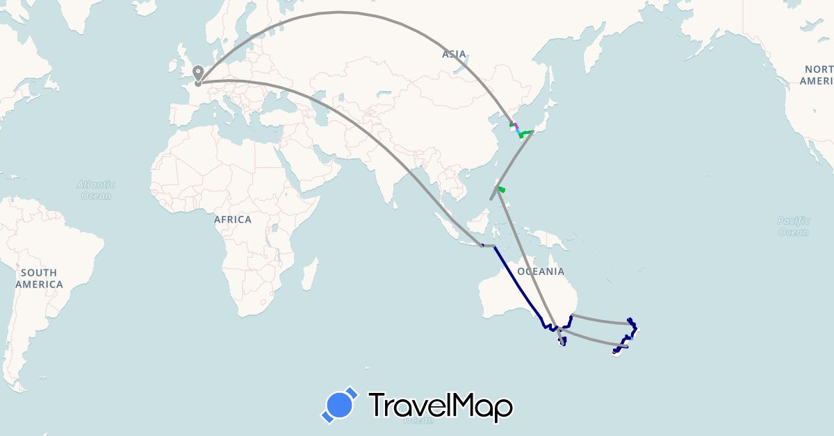 TravelMap itinerary: driving, bus, plane, train, hiking, boat in Australia, France, Indonesia, Japan, South Korea, New Zealand, Philippines, Singapore (Asia, Europe, Oceania)